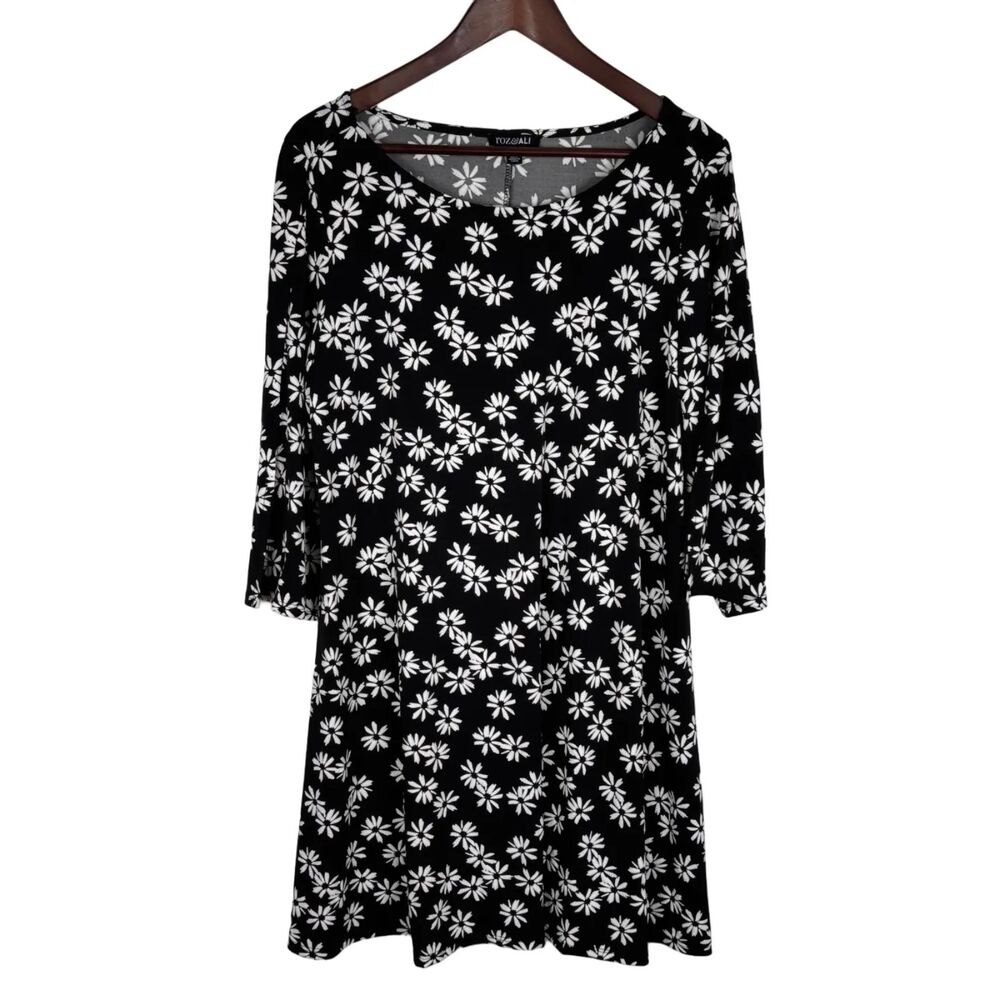 Roz & Ali Black White Textured Flowers 3/4 Sleeves Dress Women's XL